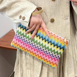 Totes Colourful Hand-woven Straw Bag Ladies Clutch Coin Purse Handmade Wristlet Portable Exquisite For Weekend Vacation
