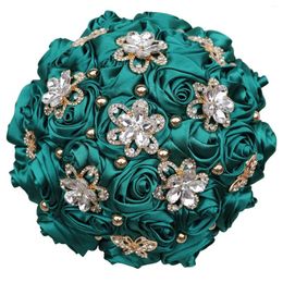Wedding Flowers Green Blue Bridal Bouquet Of Rhinestone Roses Flower Accessories Crystal Bouquets Artificial Satin 30cm