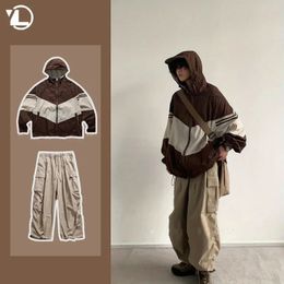 Outdoor Sun Protection Set Men Casual Couple Suit Breathable Patchwork Thin JacketPleated Big Pocket Wide Leg Pants 2-piece 240428