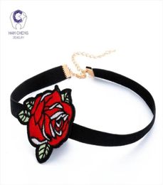 HanCheng Fashion Flower Rose Ribbon Choker Necklace Women Embroidery Necklaces Elastic Tattoo Statement collar Jewellery bijoux246A3174627