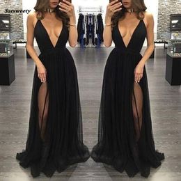 Nuovi abiti da ballo di tulle diviso con il lato alto Black Sexy Deep Neck Donne lunghe Womirs Abiti da sera da sera formali Vestidos de Baile 227S