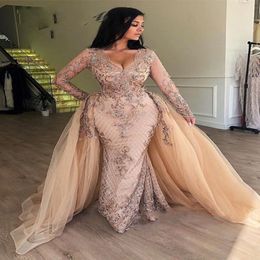 Arabic Champagne Sequin Mermaid Evening Dresses with Detachable Skirt V-Neck Dubai Women Formal Prom Dresses Long Sleevs 278D