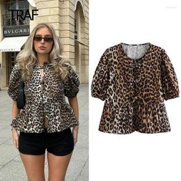 Women's Blouses Leopard Print Blouse Women Shirts Spring 2024 Bow Lace Up O-Neck Puff Sleeve Top Korean Style Shirt Fashion Vacation