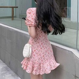 Basic Casual Dresses Two Piece Dress French retro dress summer square neckline floral dress womens temperature ultra-thin waist floral print dressL2405