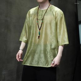 Ethnic Clothing 2024 Men Chinese Style Tang Suit T-shirt Vintage Dial Buckle Loose Casual Art Zen Dress Mid-sleeve Printed Tops