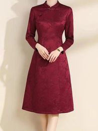 Casual Dresses EVNISI Elegant Women Wine A-line Dress Long Sleeved Chinese Style Cheongsam Spring For Office Vestido 2024