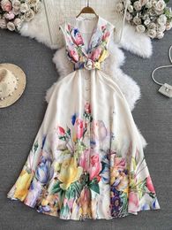 Casual Dresses Summer Elegant Print Floral Long Dress Women's Sleeveless Notched Single Breasted Belt Tank Beach Party Vestidos Linen