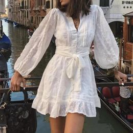 Casual Dresses BOHO Hollow Out Embroidery White Full Puff Sleeve Mini Dress Women Tide Bow Sahses Single-breasted Buttons Holiday Robe