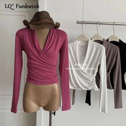 Women's T Shirts LQFunwink V Neck Cross Women Spring Autumn High Strecth Long Sleeve Tees Tops Korean Style Female Tight Solid Shirt