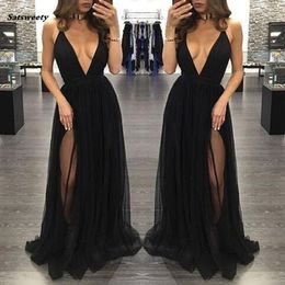 New High Side Split Tulle Prom Dresses Black Sexy Deep V Neck Long Women Skirts Formal Party Evening Gowns Vestidos de baile 275m