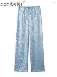 Women's Pants Aonibeier 2024 Summer Shiny Metallic Printed Women Wide Leg Drawstring Elastic High Waisted Pant Female Trousers Y2K