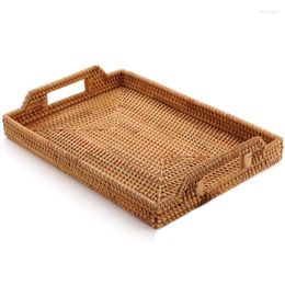 Plates Rattan Woven Storage Fruit Basket Candy Snack Plate Cutlery Tray With Breakfast Bed Bar Dinner Rectangular 14.5X10.2 Inche
