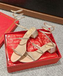 Rene Caovilla Cleo Women Sandals Shoes Glitter Soles Crystal-embellished Spiral Wraps Strap Low Heels Bridal Wedding Lady Gladiator Sandalias With Box EU35-43
