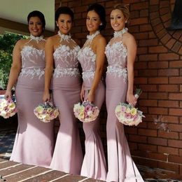 2020 New Hater Beach Peach Mermaid Bridesmaid Dresses Sheer Neck Applique Satin Long Custom Made Cheap Bridesmaid Gowns Formal Dresses 278Z