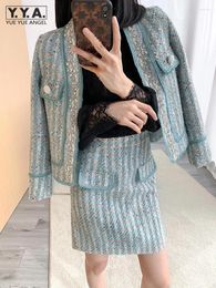 Work Dresses Fashion Women Diamonds Beading Tweed Jacket A Line Mini Skirt Two Piece Set Office Ladies Slim Fit Autumn Twill Outfits Suit