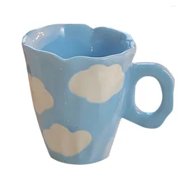 Mugs Handmade Ceramic Hand Painted Tulip And Cloud Irregular Coffee Cup For Tea Milk Creative Gifts Cup(Blue)