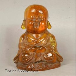 Decorative Figurines 13CM Old China Buddhism Amber Hand Carved Young Arhat Monk Buddha Statue