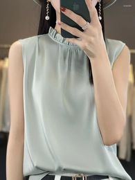 Women's Tanks In Spring Summer Satin Tank Top Standing Collar Wooden Ear Lace T-shirt Suit Sleeveless Bottom Fashion Elegant Pullover
