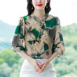 Women's Blouses Satin Shirt Summer Silk Vintage Print Loose Three Quarter Women Tops O-necks Fashion Clothing YCMYUNYAN