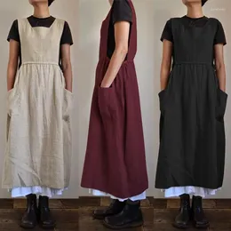 Casual Dresses 3 Colour Oversized S-5XL Loose Cotton Linen Apron Midi Dress For Women Pocket Homewear Solid Kitchen Uniform