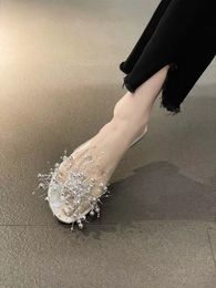 Fashionable Silver Transparent Beaded Baotou Half Slippers For Women's Outwear 2024 Summer Internet Red Super Firefish Mouth Sandals Slippers