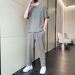 Grey T Shirt Man Outdoor Pants Sets No Mens Clothing Alphabet Top Regular Fit Tracksuit Short Quarter Sleeve Sports Suits 240507