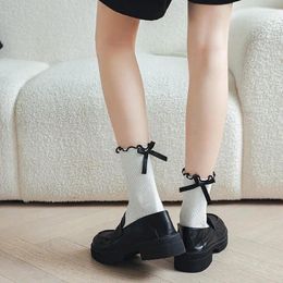 Women Socks Bow Cute Kawaii Mid-tube Frilly Black White Harajuku Lolita Princess Girl Gift Ruffle Sock Ladies Calcetines Mujer