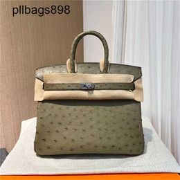 Women Brkns Handbag Genuine Leather 7A Handswen Wax thread ostrich skin 25CM Elephant Grey high-end womensJA8A