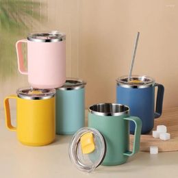 Mugs 1PC 450ML Coffee Cup With Handle Lid Straw Insulated Vacuum Stainless Steel Double Layer Large Capacity Portable Travelling