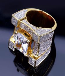 Cubic Zirconia Ice Out Bling Golden Big Wide Hip Hop Rings Gold Color Geometric Men Hiphop Rapper CZ Ring Jewelry5401188