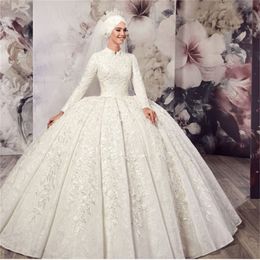 Muslim Wedding Dresses Dubai Ball Gown High Neck Lace Applique Long Sleeve Wedding Dress Floor Length Luxury Bridal Gowns 328t