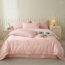 Bedding Sets Handmade Flowers Set Pink Duvet Cover Bed Sheet Pillowcases Luxury Egyptian Cotton Embroidery 1000TC 4Pcs