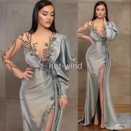 Sexy Silver Sheath Long Sleeves Evening Dresses Wear Illusion Crystal Beading High Side Split Floor Length Party Dress Prom Gowns Open 328I