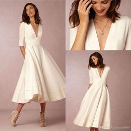2019 New BHLDN New Fashion Tea-length Vintage Wedding Dresses With Half Sleeve V-neck Custom Make Short Beach Party Bridal Wedding Gown 297Z