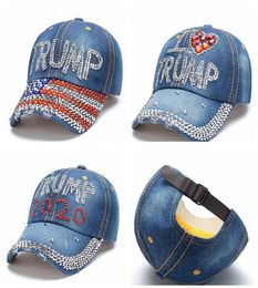 Donald Trump Denim Baseball Cap outdoor I love Trump 2020 Rhinestone hat sports cap striped USA Flag Cap Snapback LJJA37812496839