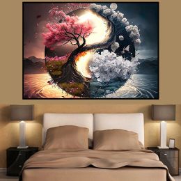 Classic Colorful Yin and Yang Canvas Painting, Chinese Philosophy Wall Art Pictures, Abstract Landscape Posters for Living Room