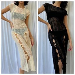 Party Dresses Women Sexy Sheer Mesh Maxi Dress Summer O Neck Short Sleeve Split Hollow Out Lace Up Club Robe Beach Cover Ups