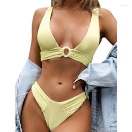 Women's Swimwear FS Sexy Lady Yellow Pleated Triangle Deep V Bathing Suit Solid Colour For Women Swimsuit Two Pieces 2024 Arrival