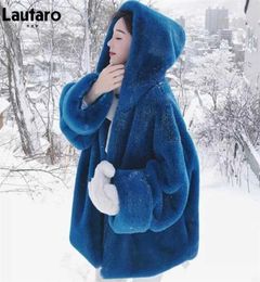 Lautaro Winter Oversized Warm Blue Soft Faux Fur Coat Women with Hood Long Sleeve Zipper Fluffy Jacket Loose Korean Fashion 2112182102852