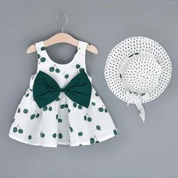 Girl Dresses Summer 2/piece Baby Sleeveless Cherry Print Large Bow Decorated Beach Dress And Hat Set For Children's Wear