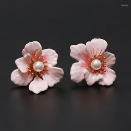 Stud Earrings Pink Cherry Blossom Original Designer Handmade Enamel Craft Made Korean Style Jewellery