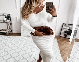 Casual Dresses Fashion Knit Sweater Dress Women Sexy VNeck Slim Maxi Long Sleeve Bodycon Ribbed White Black Female Streetwear7870953