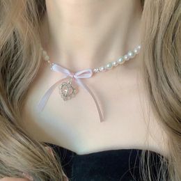 Bow Love Cross Imitation Pearl Pendant Necklace for Women French Romantic Sweet Lolita Clavicle Chain Harajuku Fashion Jewelry 240429