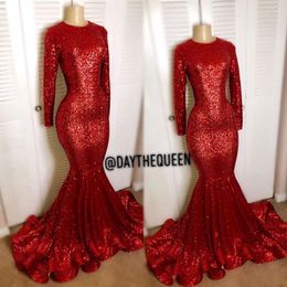 Vintage Red Long Sleeves Sequins Evening Dresses 2020 Blingbling Mermaid High Neck Black Girl Prom Reflective Party Gowns 289F