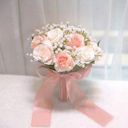 Decorative Flowers Mariage Bouquet Wedding Bride Hand Holding Flower Ribbon Pink White Silk Handmade Artificial Roses Party Accessories