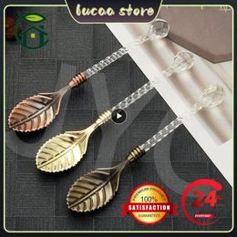 Coffee Scoops Ice Cream Spoon Zinc Alloy Carved Leaf Crystal Head Leaves Kitchen Utensils Cake Acrylic Mixing