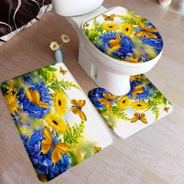 Bath Mats Rustic Flowers Mat Set Yellow Sunflower Butterfly Blue Hydrangea Nature Floral Plant Carpet Bathroom Decor Rug Toilet Cover
