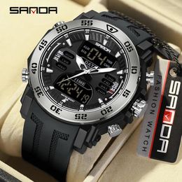 Wristwatches SANDA 2024 Dual Display Outdoor Sports ArmySport Large Dial 50M Waterproof Quartz Watch Multifunction LED Digital Watches