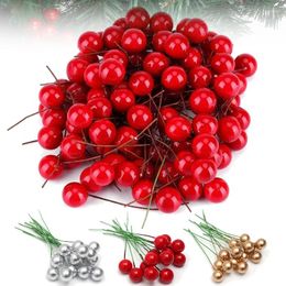 Decorative Flowers 50/100PCS Chritsmas Artificial Berry Red Gold Silver Simulation Branches Wedding Party Christmas DIY Wreath Home Decor