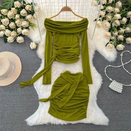 Work Dresses Female Spice Girl Sexy Slashe Neck Short Tops And High Waist Splicing Ribbon Pleated Skirt Clothing